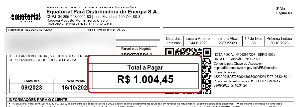 Fatura de energia antes da Solar Roof — R$ 1.004,45