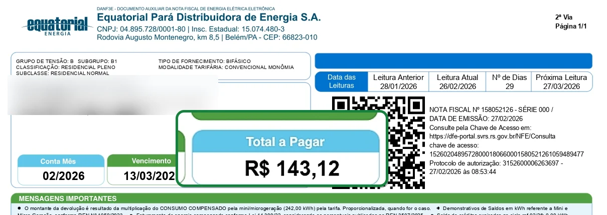 Fatura de energia após Solar Roof — R$ 143,12
